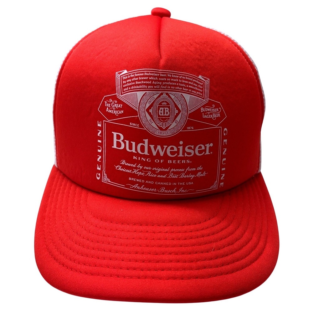 Budweiser Beer Red White Trucker Hat Snapback Brew City King of Beers Mesh Cap